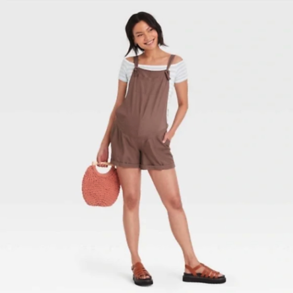 Ingrid & Isabel Twill Maternity Shortalls Brown L